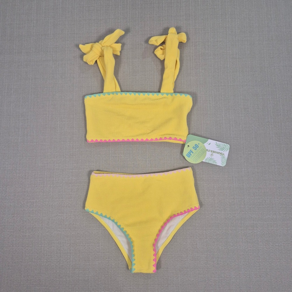 Younger Tree Kids Yellow Waffle Knit Ric Rac Two Piece Swimsuit UPF 50+ 5-6T